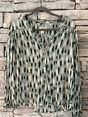 Anthropologie Green & Cream Tree Print Button-Front Blouse